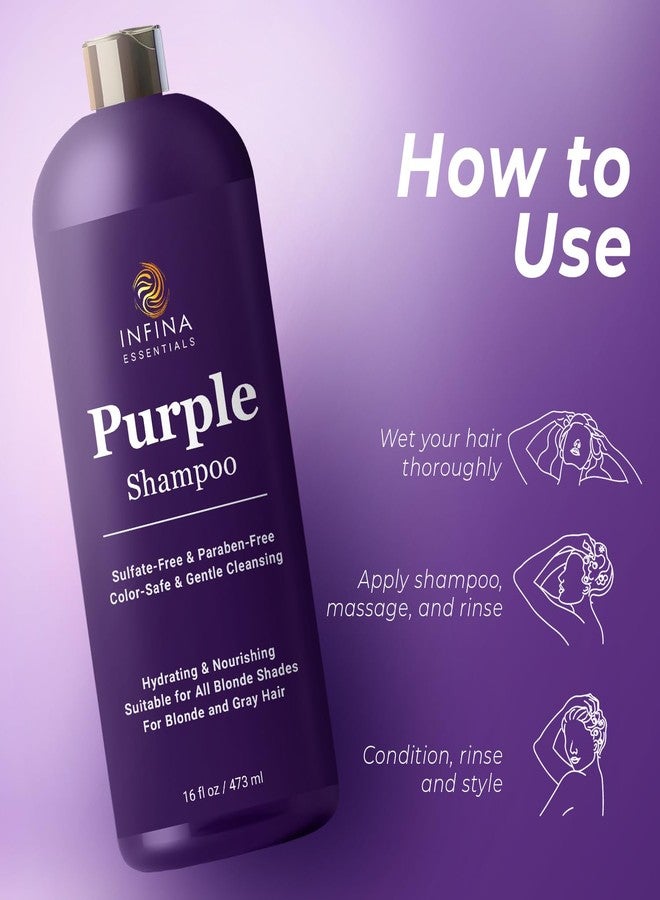 INFINA ESSENTIALS Purple Shampoo for Blondes, Gray, Brassy & Color Treated Hair, Sulfate Free, Enriched with Green Tea & Chamomile & Avocado Oil - Nourishing & Hydrating Blonde Shampoo - 16 fl oz - Image 3